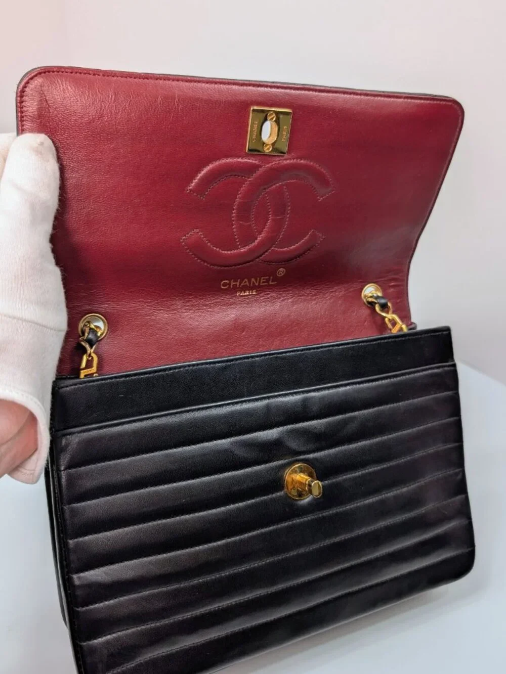 Chanel Vintage Black Vertical Stitch Flap Bag with 24K Circle CC Turn-Lock